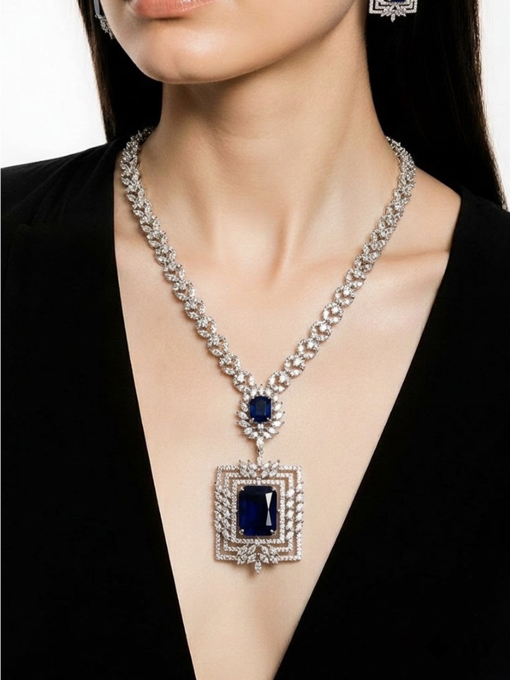 Silver-Tone Necklace with Deep Blue Gem Pendant